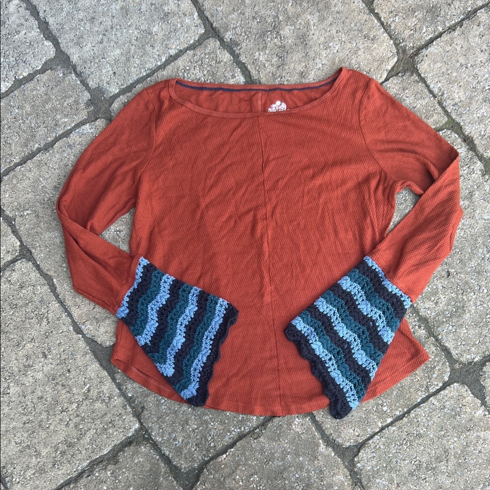 Pilcro Anthropologie Terracotta shirt with Striped Cuffs